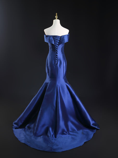 Royal Blue Satin Mermaid Wedding Dress - Off-Shoulder Wedding Dress - Corset Wedding Dress Plus Size